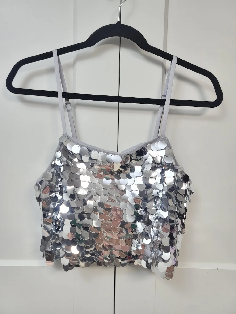 NWT Wild Fable Silver Paillette Sequin Crop Top - Jumbo Disco Mirror Tank XS - Picture 2 of 5